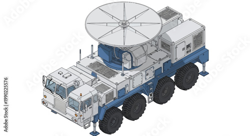 Mobile radar system with satellite dish for surveillance and communication in vector illustration; military vehicle on white background