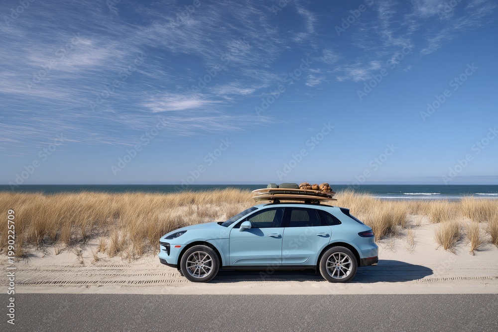 Fototapeta premium Blue SUV on Beachfront Road with Surfboards Under Clear Skies