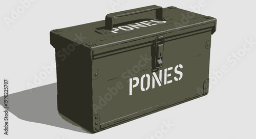 Olive green military style box with handle and latch vintage effect graphic retro design storage container army ammunition depot style container
