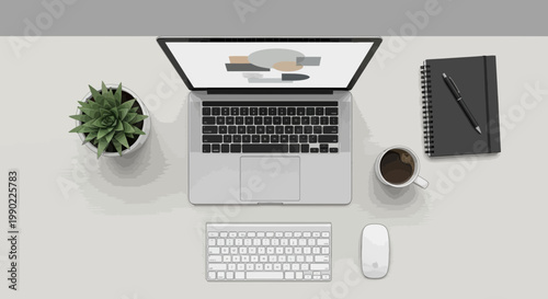 Overhead view of a modern workspace featuring a laptop displaying data graphics alongside a succulent coffee cup and notebook styled as a clean illustration