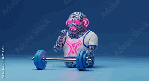 Pixelated robot lifting barbell with pink neon headphones in digital art style against blue backdrop for strength training and fitness concept