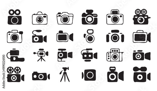 Set of 24 detailed video camera icons and camcorder symbols, depicting various styles and functionalities on a transparent background.