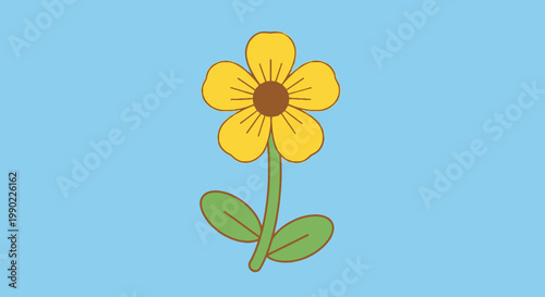 Single cartoon style yellow flower with brown center and green stem and leaves on a light blue background for children's illustrations