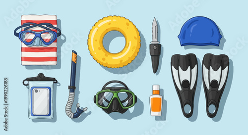 Snorkeling and Diving Gear: Mask Fins Snorkel Swim Cap Sunscreen and Inflatable Ring in Cartoon Vector Style