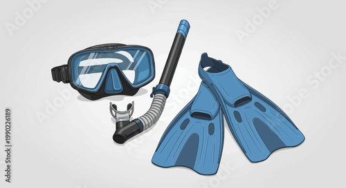 Snorkeling gear vector illustration: diving mask snorkel tube and swim fins in vibrant blue on abstract white swirl background