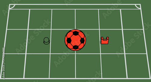 Soccer ball on green field illustration with player and training vest sports training equipment on playfield vector design concept