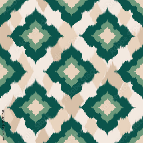Ethnic seamless pattern with ikat floral geometric motif. Abstract vector rug textured traditional background. Tribal green ornament for fabric textile and carpet.