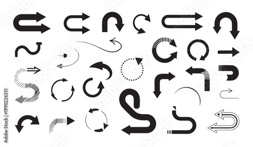 Set of various black curved arrows isolated on transparent background for navigation and direction.