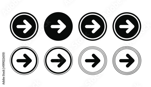 Set of black arrow icons in circles isolated on transparent background for web and app design.