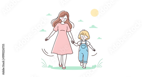 Woman and child walking hand in hand.