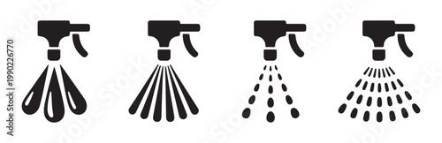 Set of spray icons, illustrating different spray patterns and liquid dispersion from a nozzle.