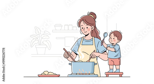 Woman cooking with little boy kitchen.