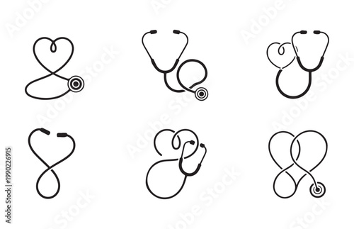 Set of stethoscope in heart shape line art vector illustration, medical tool symbol of healthcare and medicine.