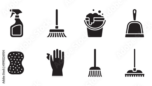 Cleaning tools and supplies set vector icons including broom mop bucket glove dustpan sponge and spray bottle.