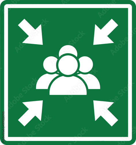 Emergency assembly point sign, green evacuation meeting area icon, safety vector symbol