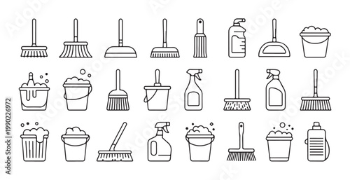 Home cleaning icons set vector graphic design of brooms mops buckets spray bottles dustpans and cleaning liquid containers.
