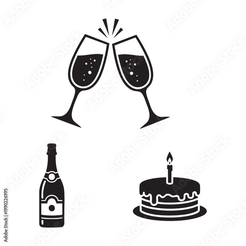 Celebration icons with clinking glasses and cake set