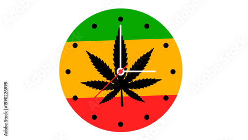 Cannabis marijuana leaf silhouette on rasta colors clock face
