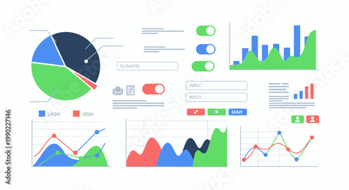 Business data visualization charts and graphs display various statistics