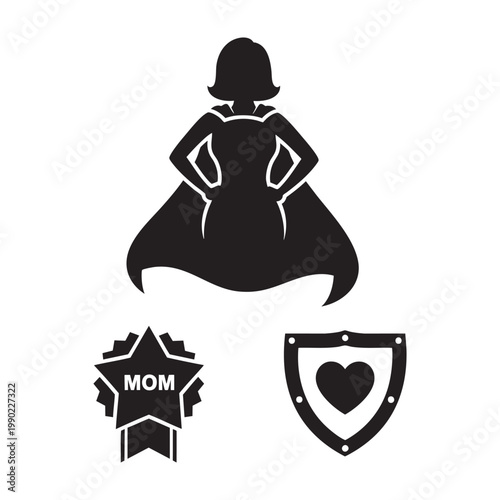 Super Mom icons with hero cape star award and shield set