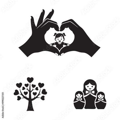 Family generation icons with hand heart and family tree set