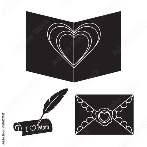 Greeting card icons with pop-up heart and love letter set