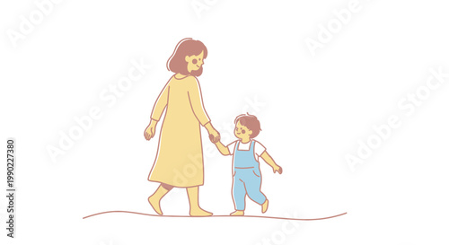 Woman holding little boys hand walking.