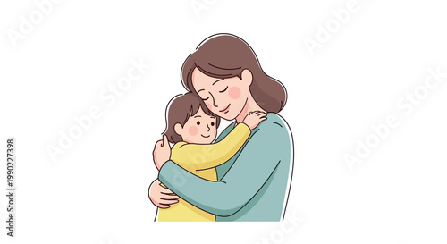 Woman Hugging Young Child Tightly.