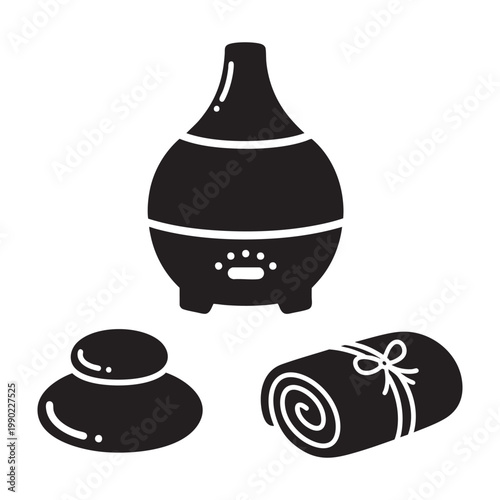 Relaxing spa icons with oil diffuser and massage stone set