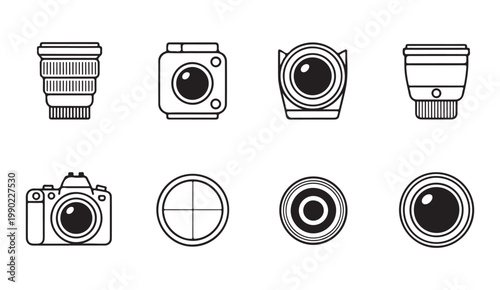 Photography lens icons with camera body and optical focus target symbols in line art style for web.