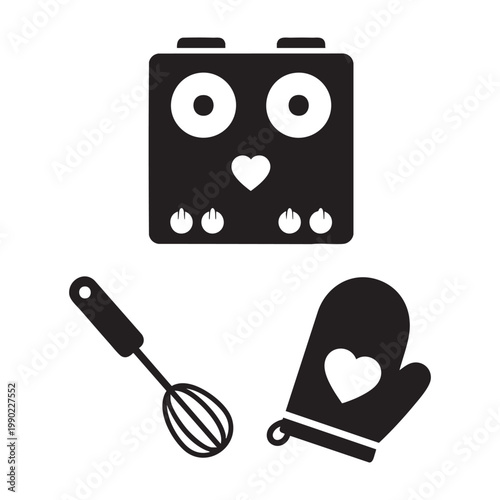 Nurturing kitchen icons with heart stovetop and oven mitt