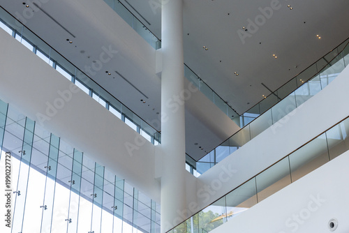 Canvas Print Modern interior architecture of bright commercial building showing clean glass balcony and white column