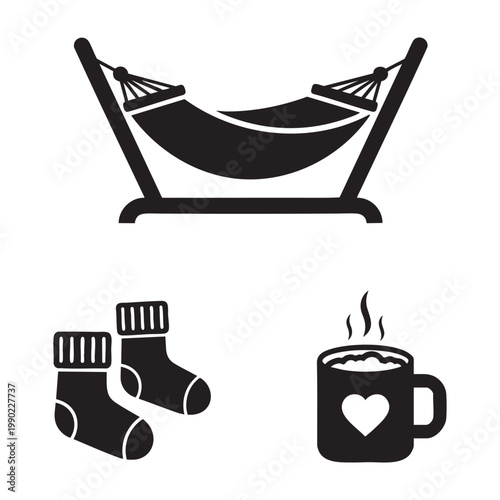 Lazy relaxation icons with hammock and comfy socks set