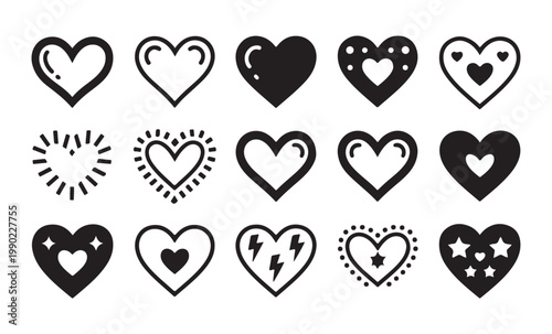 Decorative heart icon set with sparkles stars stripes and varied silhouettes for user interface and apps.