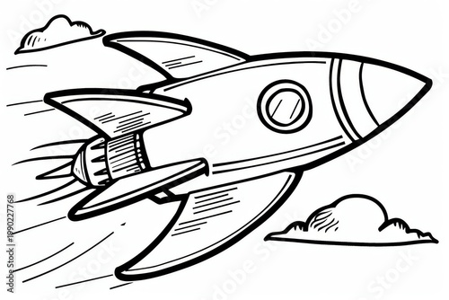 Rocket ship soaring through the sky, coloring page for kids, black outline, crisp lines, white background.
