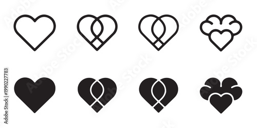 Intersecting line heart logos and paw print heart shapes for pet care veterinary services and animal rescue.