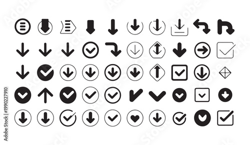 Navigation arrow and check mark icon set including direction pointers and validation symbols for user interface.