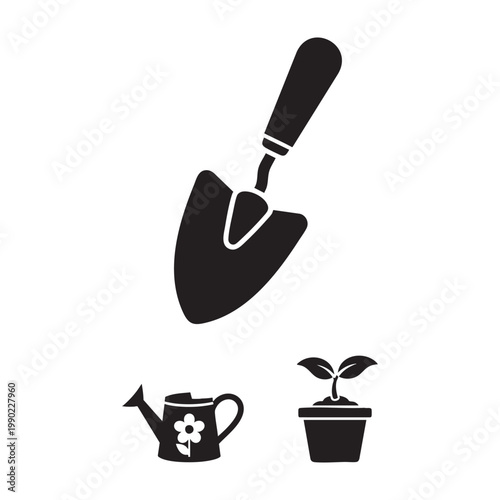Gardening activity icons with trowel watering can and potted sprout