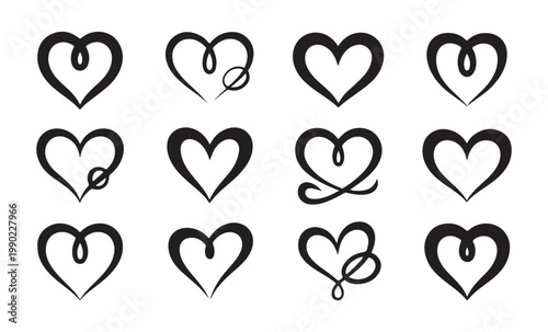 Heart outline collection, diverse modern love symbols with various line styles and subtle decorative elements.