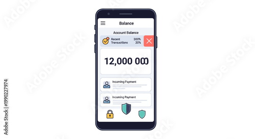 Mobile phone displays 12000000 on screen with icons and graphics visible