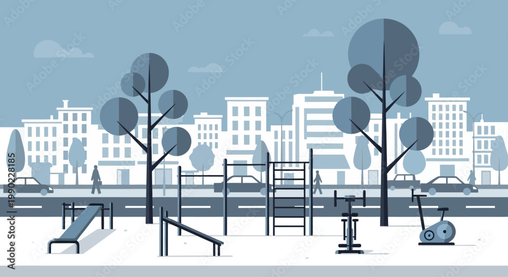 Naklejka premium Outdoor Fitness Park with City Skyline and Exercise Equipment