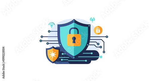 A shield protects a laptop with a padlock on screen from various threats online