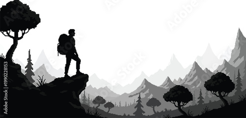 Hiker Standing on Mountain Cliff Silhouette