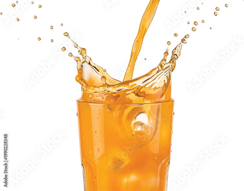 Orange Liquid Splashing into Glass on White Background