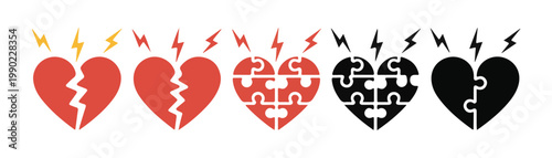 Broken heart shapes with lightning bolts vector icons isolated on transparent background.