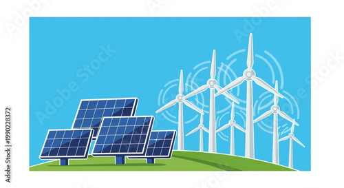 Renewable energy sources solar panels and wind turbines on a green hill