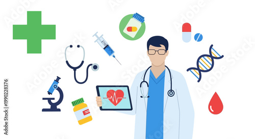 Medical professional surrounded by health symbols and equipment f8e086c64f