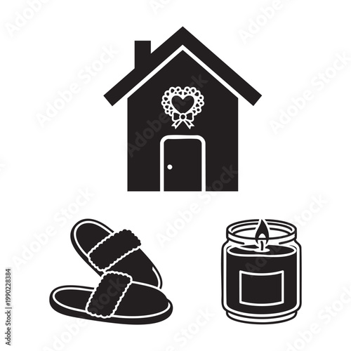 Cozy home icons with heart wreath house and slippers set