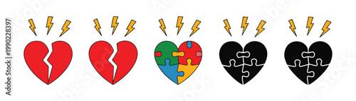 Heart puzzle icons with thunder strike effects representing autism awareness or heartbreak in cartoon art style.