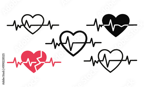 Set of heart monitor pulse icons showing different life rhythms and cardiac health status on dark background.